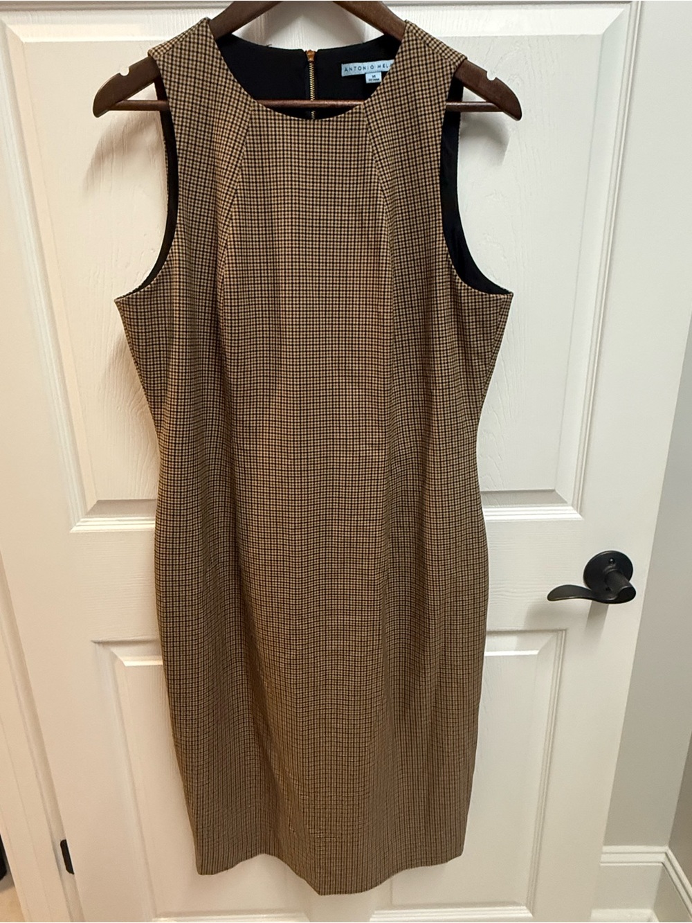 ANTONIO MELANI Tan and Black Checked Midi Sheath Dress